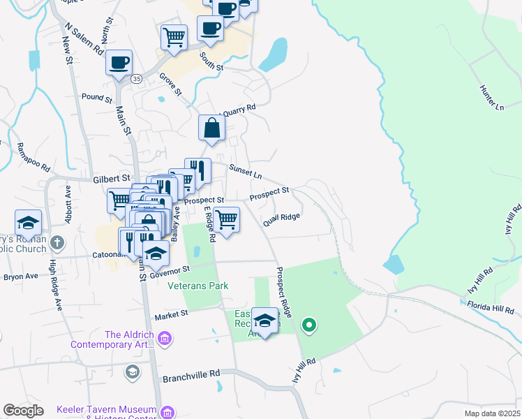 map of restaurants, bars, coffee shops, grocery stores, and more near 19 Prospect Ridge in Ridgefield