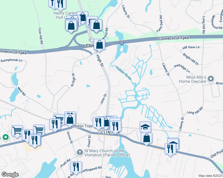 map of restaurants, bars, coffee shops, grocery stores, and more near 61 High Street in Clinton