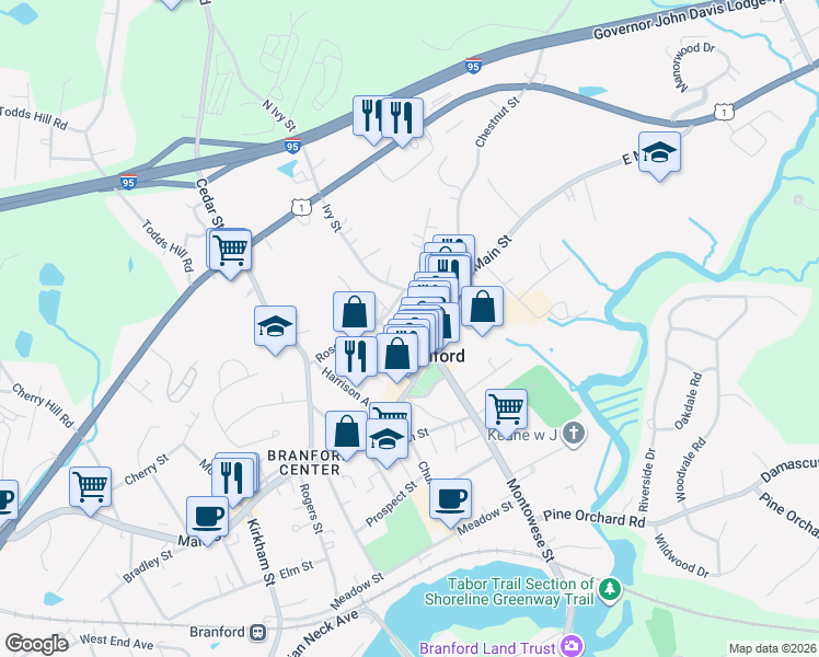 map of restaurants, bars, coffee shops, grocery stores, and more near 22 Hillside Avenue in Branford