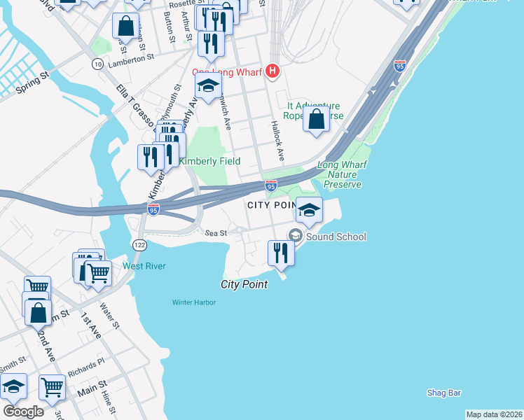 map of restaurants, bars, coffee shops, grocery stores, and more near in New Haven