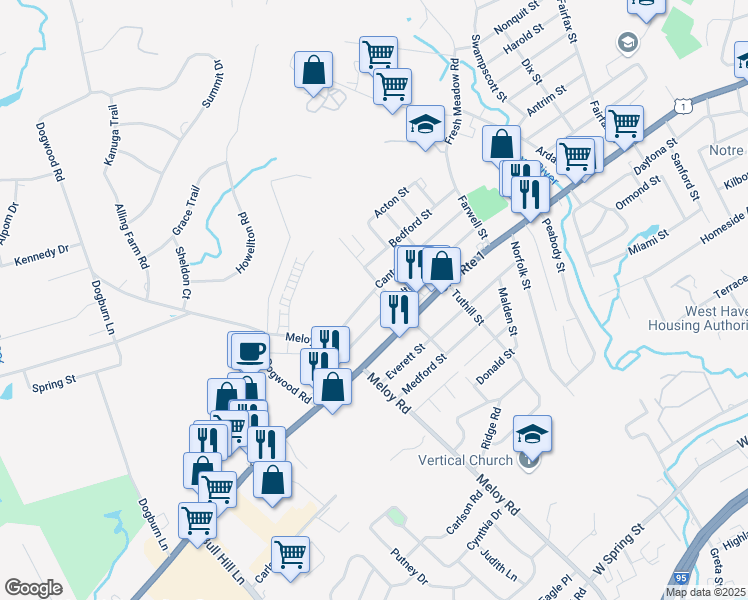 map of restaurants, bars, coffee shops, grocery stores, and more near 131 Dalton Street in West Haven