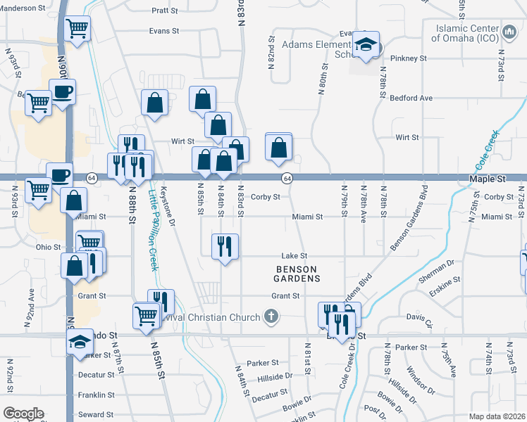 map of restaurants, bars, coffee shops, grocery stores, and more near 8133 Miami Street in Omaha
