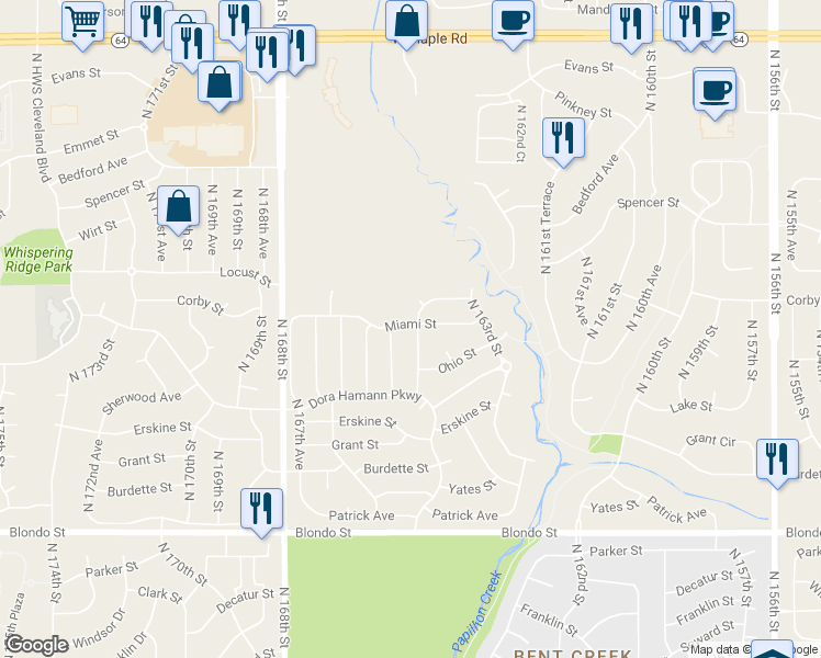 map of restaurants, bars, coffee shops, grocery stores, and more near 2626 North 165th Street in Omaha
