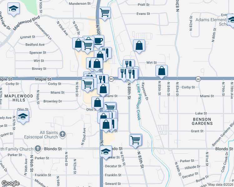 map of restaurants, bars, coffee shops, grocery stores, and more near 8826 Miami Street in Omaha