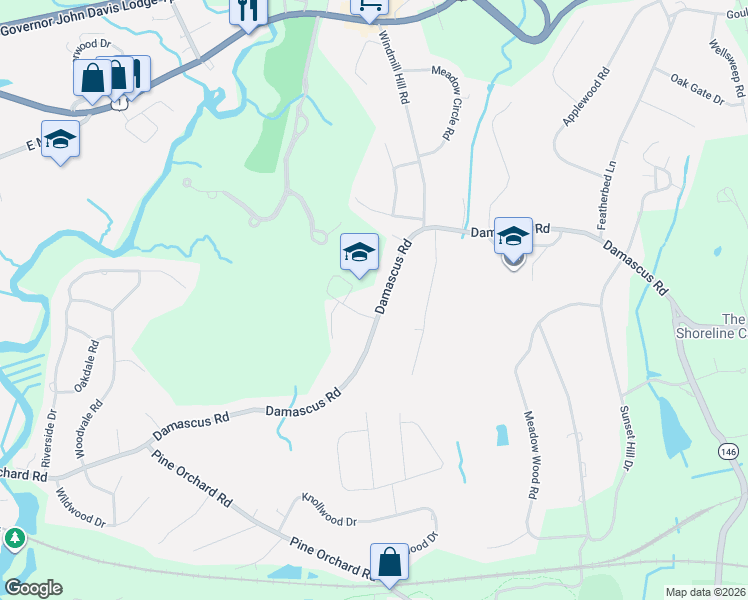 map of restaurants, bars, coffee shops, grocery stores, and more near 113 Damascus Road in Branford