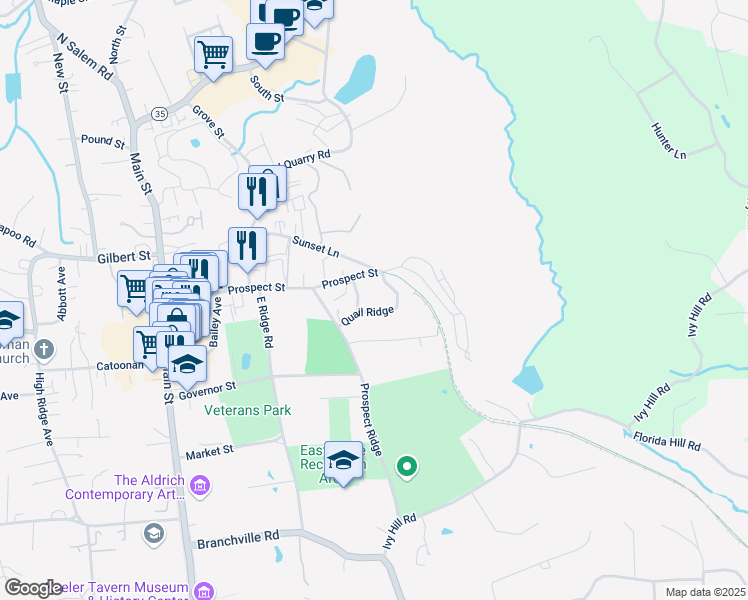 map of restaurants, bars, coffee shops, grocery stores, and more near 46 Quail Ridge in Ridgefield