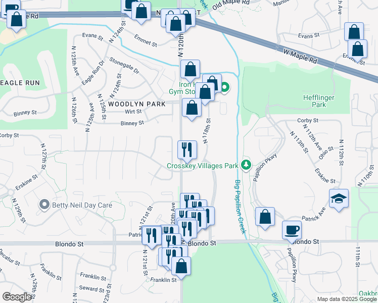 map of restaurants, bars, coffee shops, grocery stores, and more near 2723 North 120th Avenue in Omaha