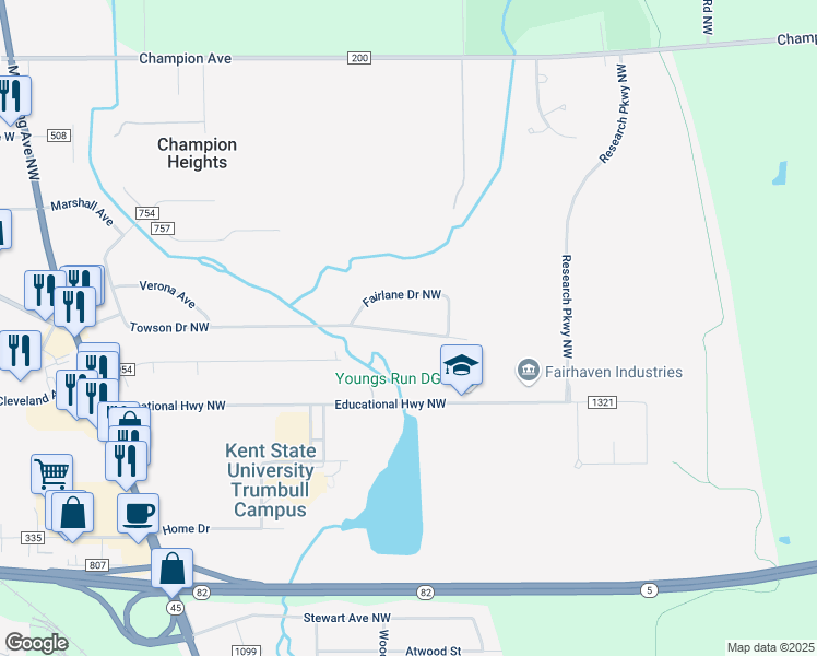 map of restaurants, bars, coffee shops, grocery stores, and more near 526 Towson Drive Northwest in Warren