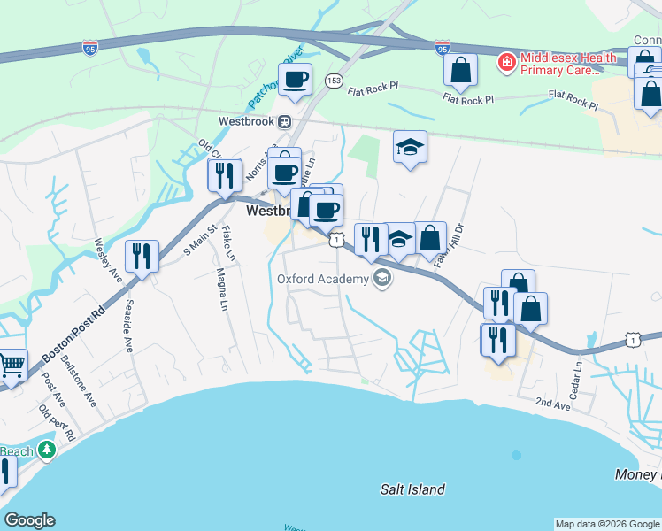 map of restaurants, bars, coffee shops, grocery stores, and more near 45 Salt Island Road in Westbrook