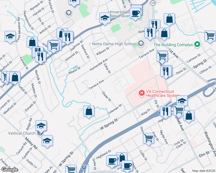 map of restaurants, bars, coffee shops, grocery stores, and more near 29 Glade Street in West Haven