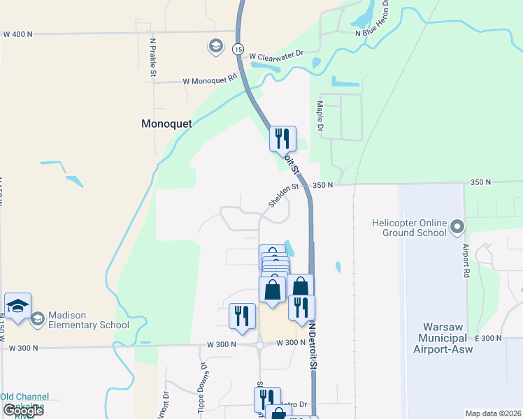 map of restaurants, bars, coffee shops, grocery stores, and more near 2870 Frontier Drive in Warsaw
