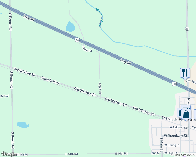 map of restaurants, bars, coffee shops, grocery stores, and more near 13381 Apple Road in Bourbon