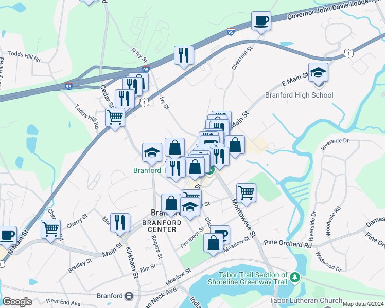 map of restaurants, bars, coffee shops, grocery stores, and more near 37-39 Hillside Avenue in Branford