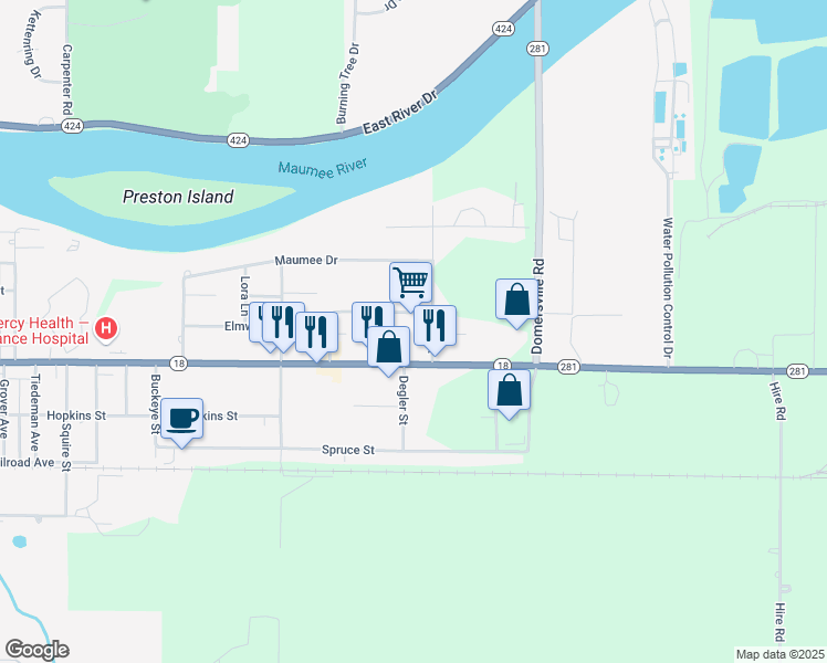 map of restaurants, bars, coffee shops, grocery stores, and more near 1880 East 2nd Street in Defiance