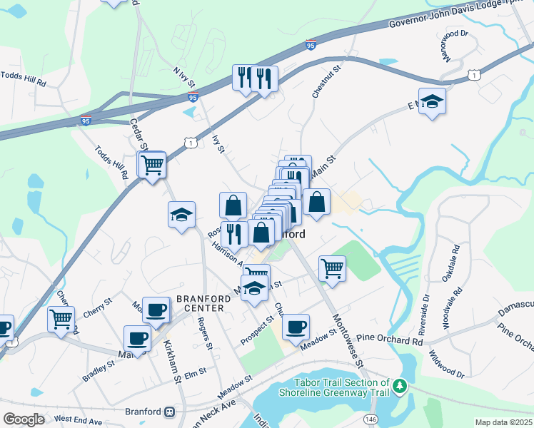 map of restaurants, bars, coffee shops, grocery stores, and more near 22 Hillside Avenue in Branford