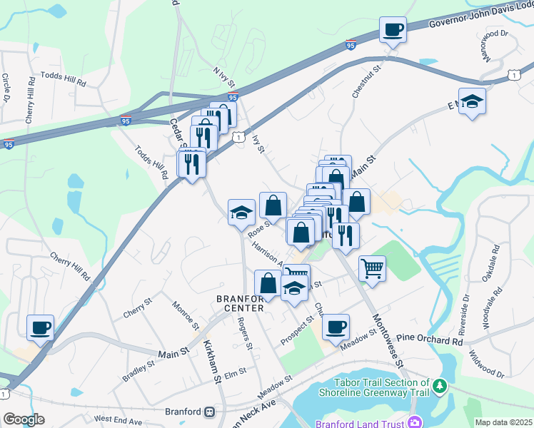 map of restaurants, bars, coffee shops, grocery stores, and more near 69 Cedar Street in Branford