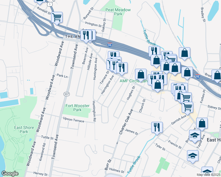 map of restaurants, bars, coffee shops, grocery stores, and more near 49 Boston Avenue in East Haven