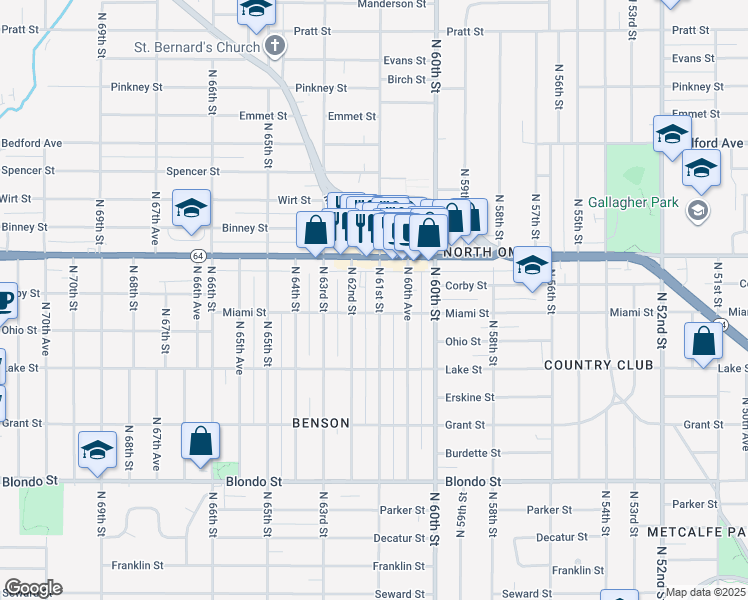 map of restaurants, bars, coffee shops, grocery stores, and more near 2544 North 61st Street in Omaha