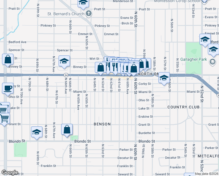 map of restaurants, bars, coffee shops, grocery stores, and more near 2543 North 63rd Street in Omaha