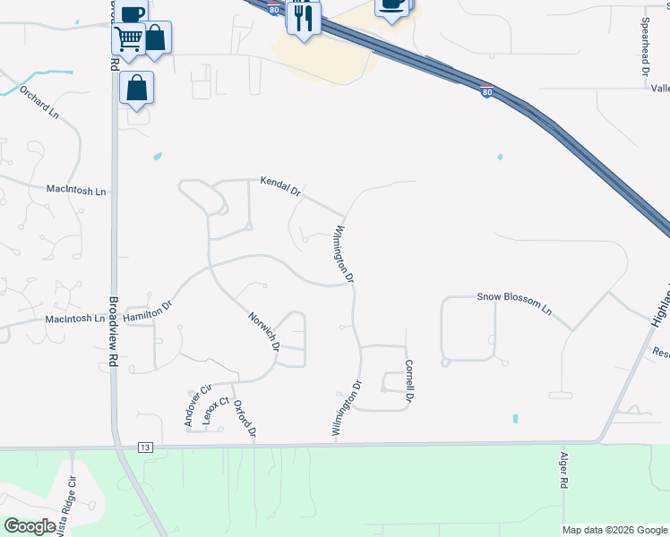 map of restaurants, bars, coffee shops, grocery stores, and more near 1660 Hamilton Drive in Broadview Heights