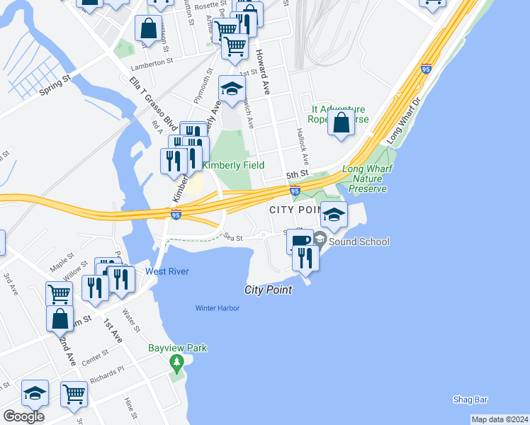 map of restaurants, bars, coffee shops, grocery stores, and more near 128 Greenwich Avenue in New Haven