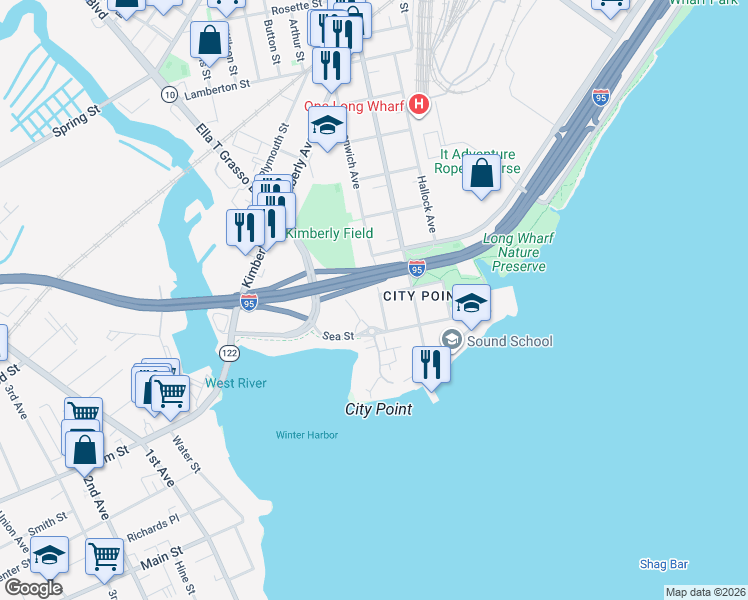 map of restaurants, bars, coffee shops, grocery stores, and more near 99 Greenwich Avenue in New Haven