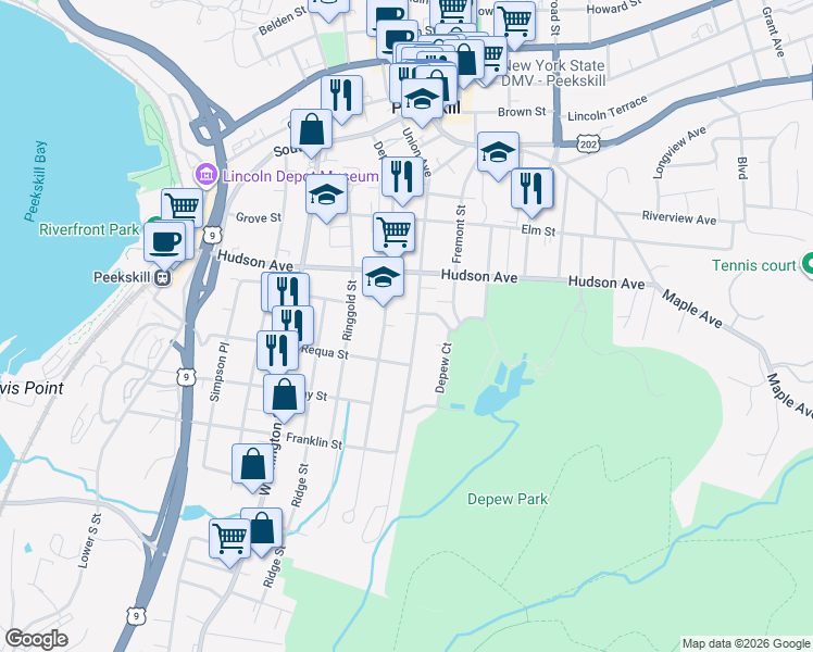 map of restaurants, bars, coffee shops, grocery stores, and more near 348 Union Avenue in Peekskill
