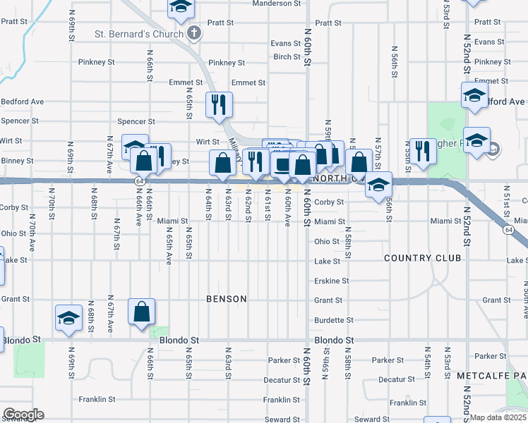 map of restaurants, bars, coffee shops, grocery stores, and more near 2544 North 61st Street in Omaha