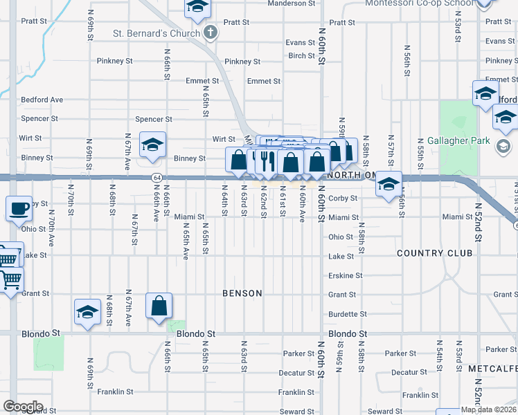 map of restaurants, bars, coffee shops, grocery stores, and more near 2543 North 63rd Street in Omaha