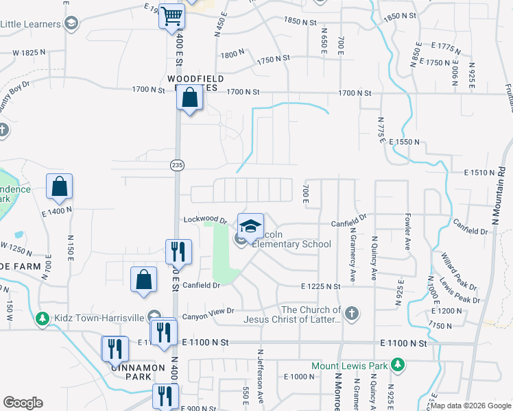 map of restaurants, bars, coffee shops, grocery stores, and more near 1375 North Jefferson Avenue in Ogden