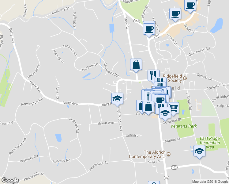 map of restaurants, bars, coffee shops, grocery stores, and more near 12 Mulvaney Court in Ridgefield