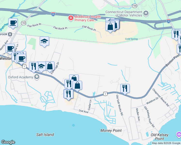 map of restaurants, bars, coffee shops, grocery stores, and more near 19 Stone Hedge Road in Westbrook
