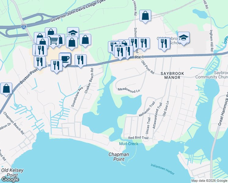 map of restaurants, bars, coffee shops, grocery stores, and more near 32 Meadowood Lane in Old Saybrook