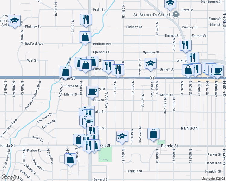 map of restaurants, bars, coffee shops, grocery stores, and more near 2611 North 70th Avenue in Omaha
