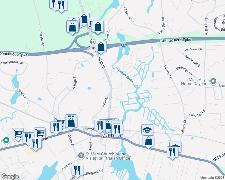 map of restaurants, bars, coffee shops, grocery stores, and more near 61 High Street in Clinton