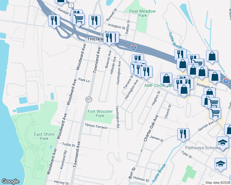 map of restaurants, bars, coffee shops, grocery stores, and more near 5 Hillside Avenue in New Haven