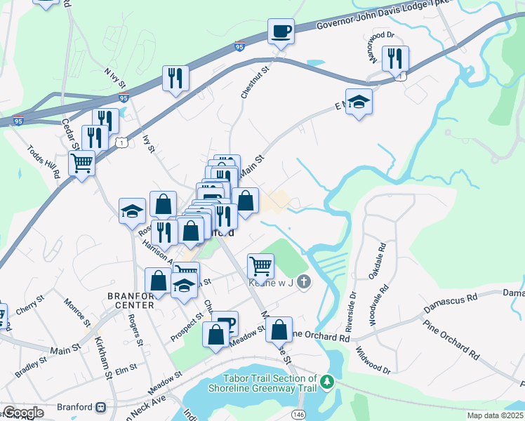 map of restaurants, bars, coffee shops, grocery stores, and more near 50 Bradley Avenue in Branford