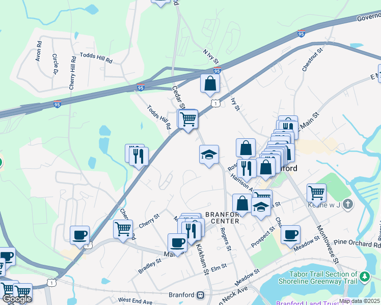 map of restaurants, bars, coffee shops, grocery stores, and more near 34 Palmer Woods Circle in Branford