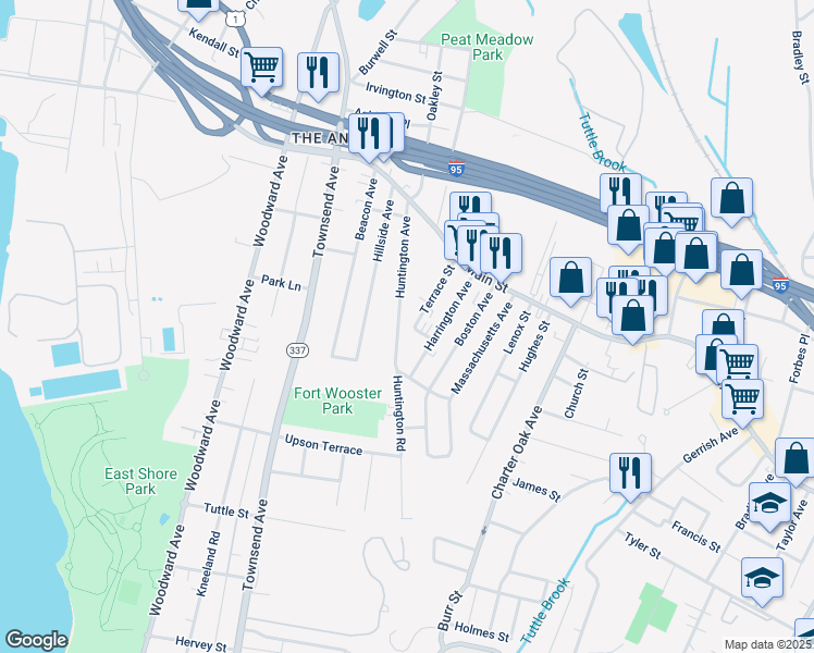 map of restaurants, bars, coffee shops, grocery stores, and more near 38 Harrington Avenue in New Haven