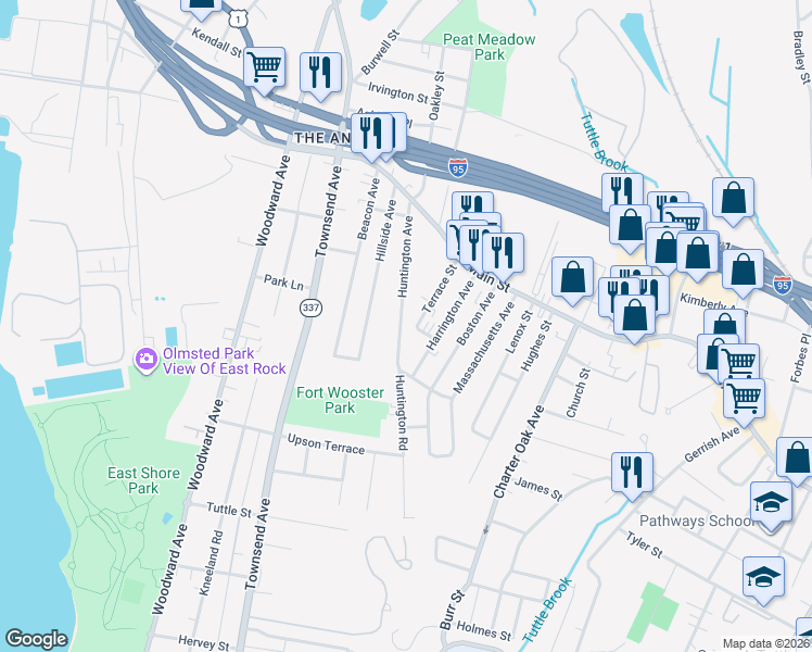 map of restaurants, bars, coffee shops, grocery stores, and more near 38 Harrington Avenue in New Haven