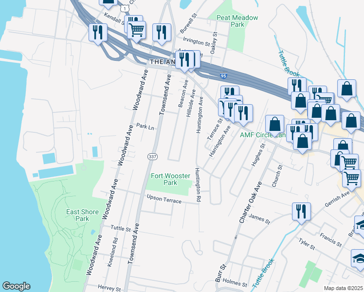 map of restaurants, bars, coffee shops, grocery stores, and more near 5 Hillside Avenue in New Haven