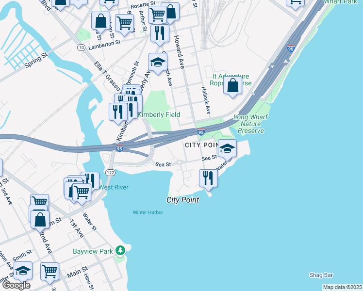 map of restaurants, bars, coffee shops, grocery stores, and more near 128 Greenwich Avenue in New Haven