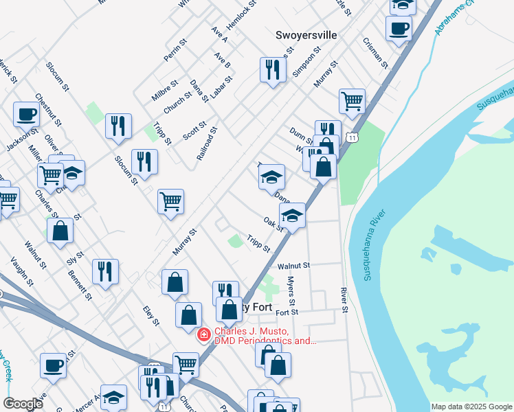 map of restaurants, bars, coffee shops, grocery stores, and more near 62 Oak Street in Forty Fort