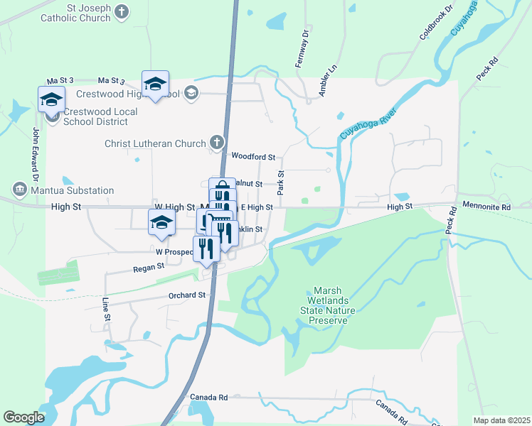 map of restaurants, bars, coffee shops, grocery stores, and more near 4754 East High Street in Mantua