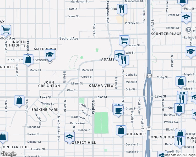 map of restaurants, bars, coffee shops, grocery stores, and more near 3237 Miami Street in Omaha