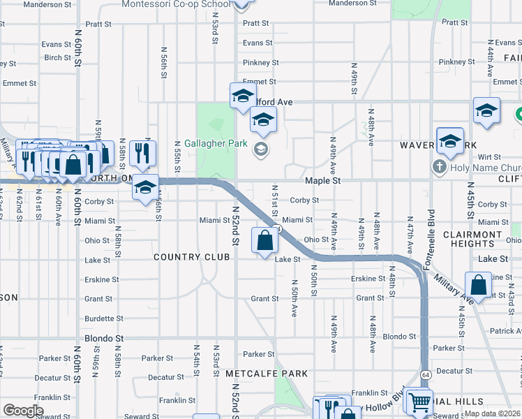 map of restaurants, bars, coffee shops, grocery stores, and more near 2620 North 51st Avenue in Omaha
