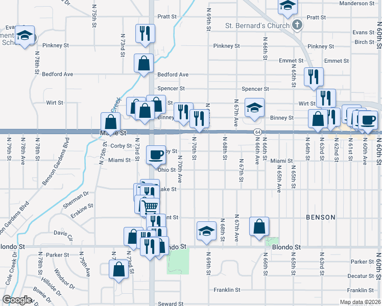 map of restaurants, bars, coffee shops, grocery stores, and more near 2611 North 70th Avenue in Omaha