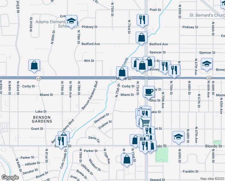 map of restaurants, bars, coffee shops, grocery stores, and more near 2538 North 75th Street in Omaha