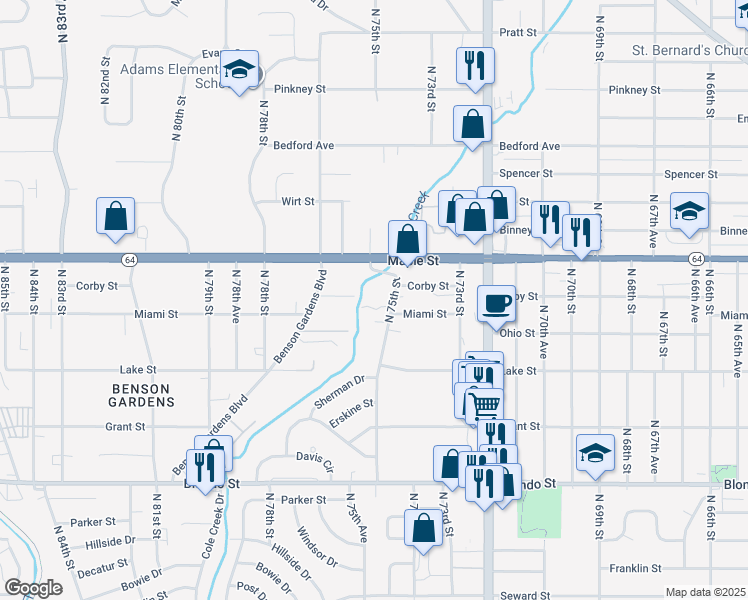 map of restaurants, bars, coffee shops, grocery stores, and more near 2538 North 75th Street in Omaha
