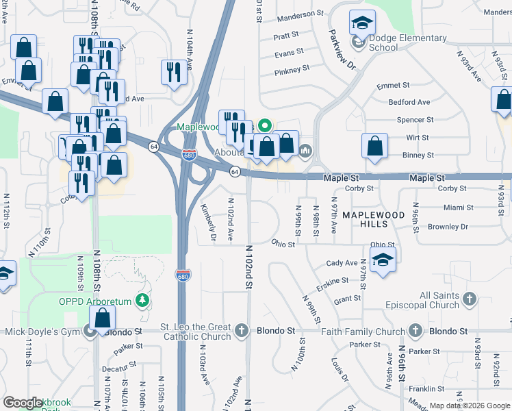 map of restaurants, bars, coffee shops, grocery stores, and more near 2628 North 102nd Street in Omaha